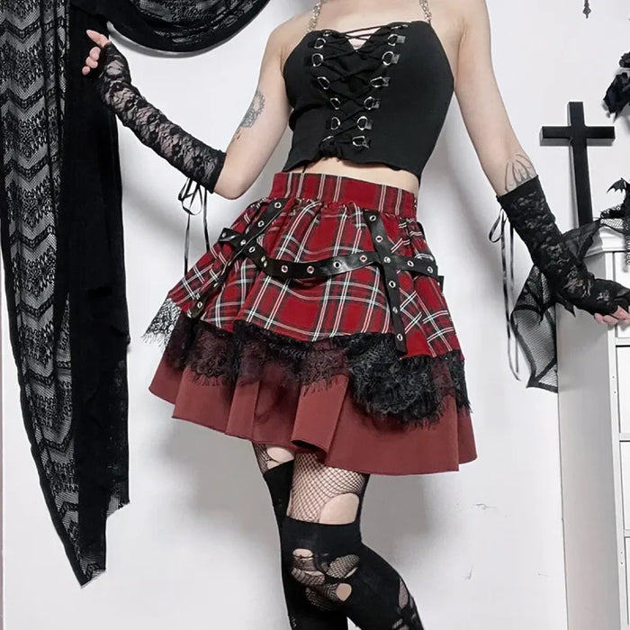 Gothic Plaid Punk Skirt – Harajuku Lace Layered Mini Skirt Cosplay - for just $85.95! 