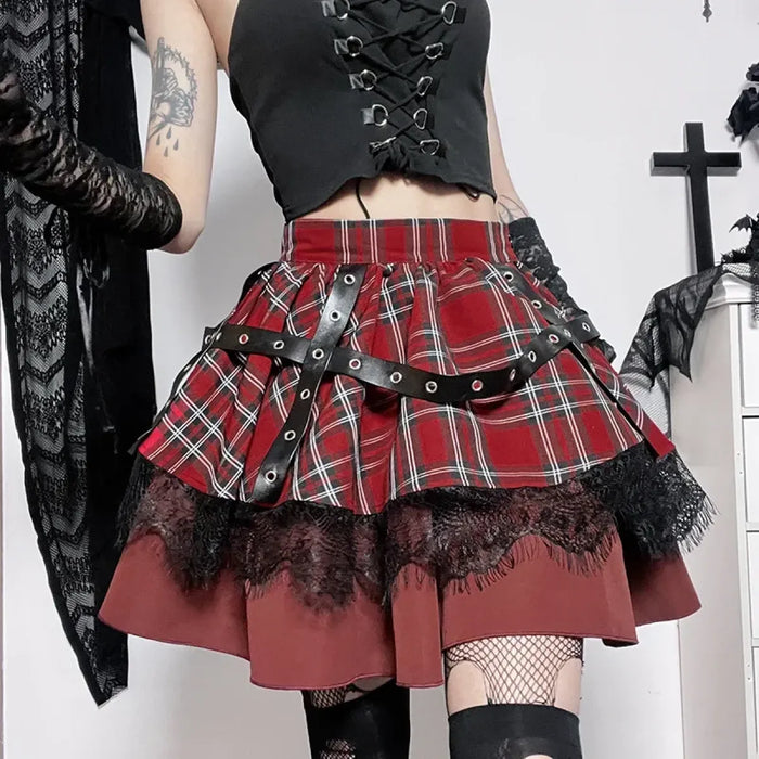 Gothic Plaid Punk Skirt – Harajuku Lace Layered Mini Skirt Cosplay - for just $85.95! 