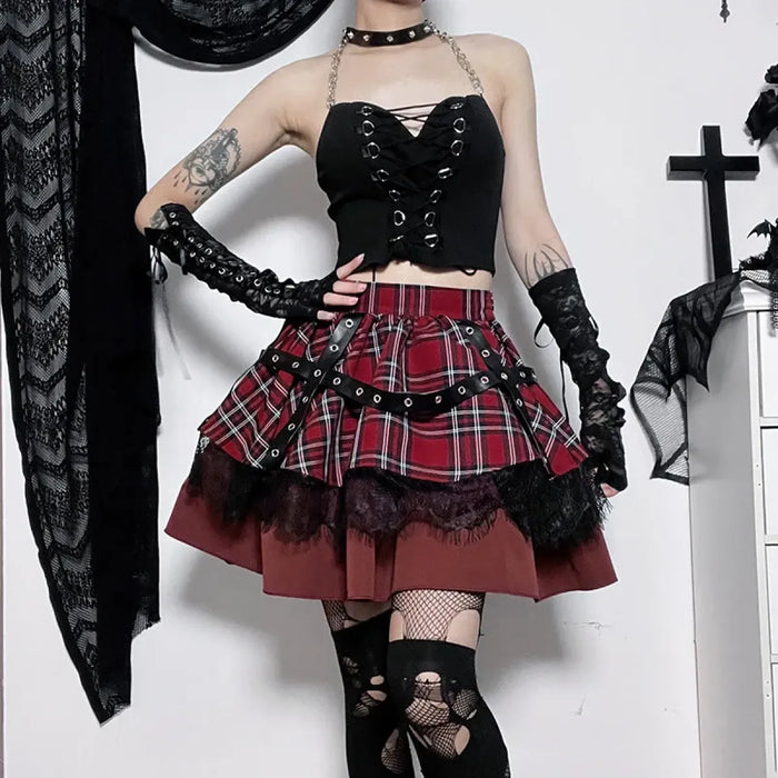 Gothic Plaid Punk Skirt – Harajuku Lace Layered Mini Skirt Cosplay - for just $85.95! 