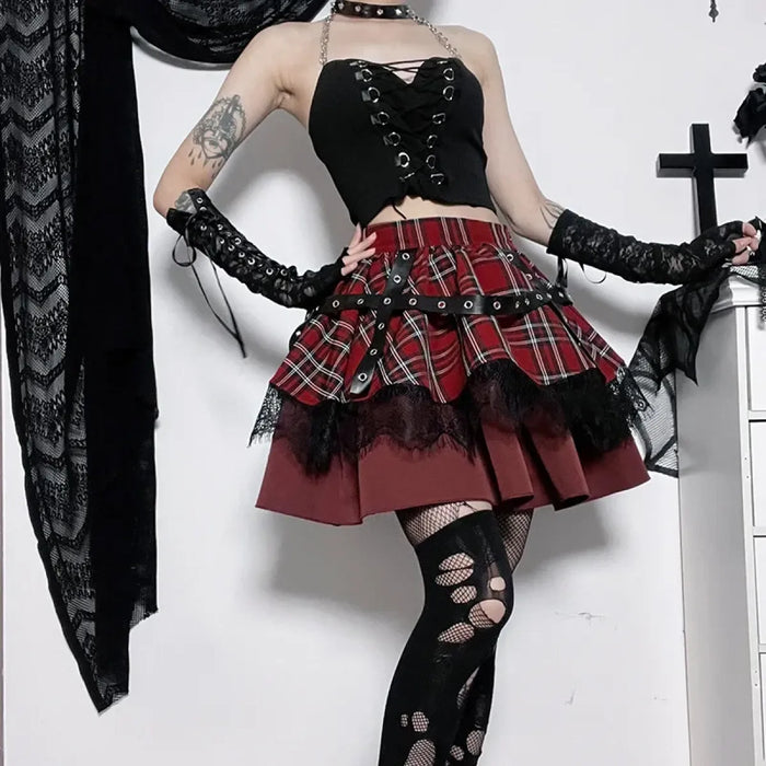 Gothic Plaid Punk Skirt – Harajuku Lace Layered Mini Skirt Cosplay - for just $85.95! 