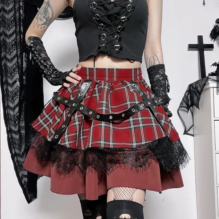 Gothic Plaid Punk Skirt – Harajuku Lace Layered Mini Skirt Cosplay - for just $80.95! 