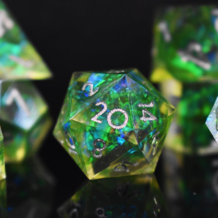 Green Flame Blade Sharp-Edged Resin Dice Set - Just $39.99! Shop now at Retro Gaming of Denver