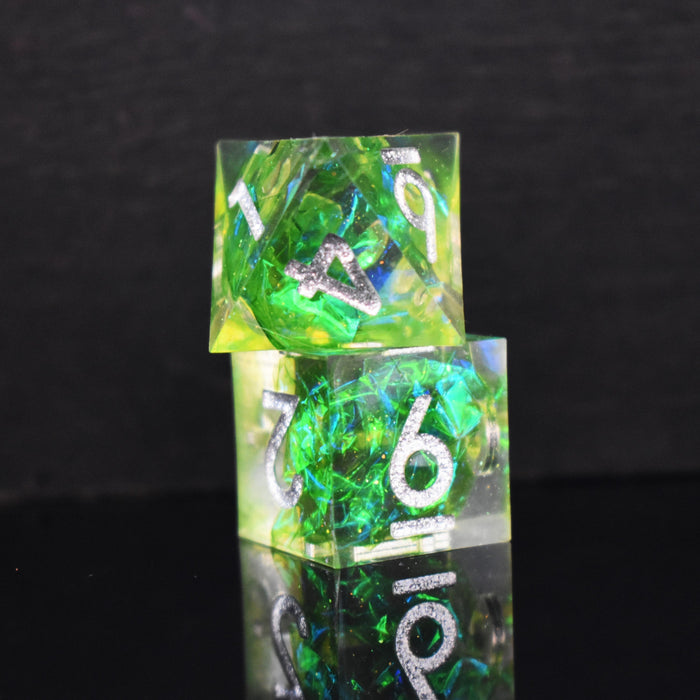 Green Flame Blade Sharp-Edged Resin Dice Set - Just $39.99! Shop now at Retro Gaming of Denver