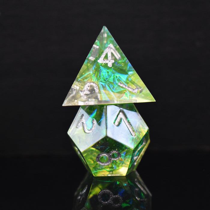 Green Flame Blade Sharp-Edged Resin Dice Set - Just $39.99! Shop now at Retro Gaming of Denver