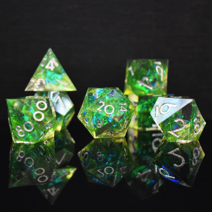 Green Flame Blade Sharp-Edged Resin Dice Set - Just $39.99! Shop now at Retro Gaming of Denver