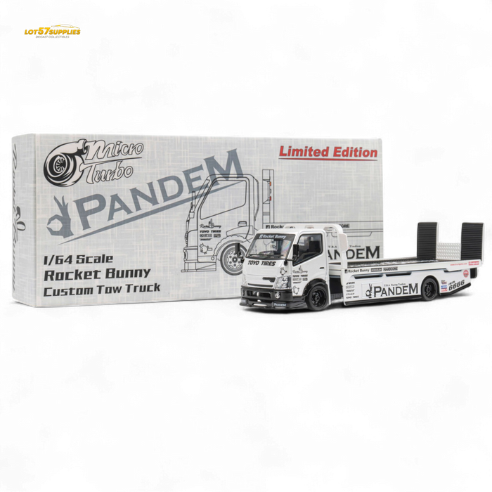 MicroTurbo HINO 300 Flat Bed Transport Truck in Pandem Rocket Bunny White 1:64 - for just $45.99! 