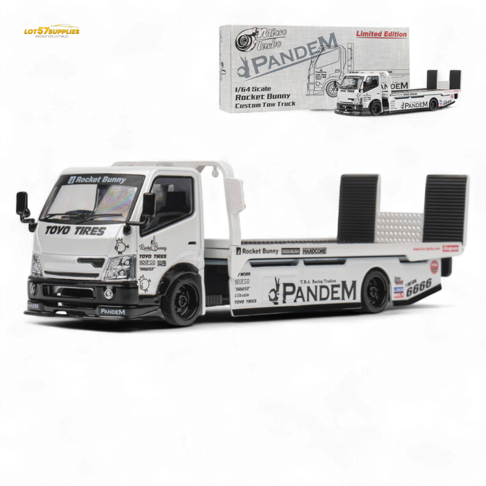 MicroTurbo HINO 300 Flat Bed Transport Truck in Pandem Rocket Bunny White 1:64 - for just $45.99! 