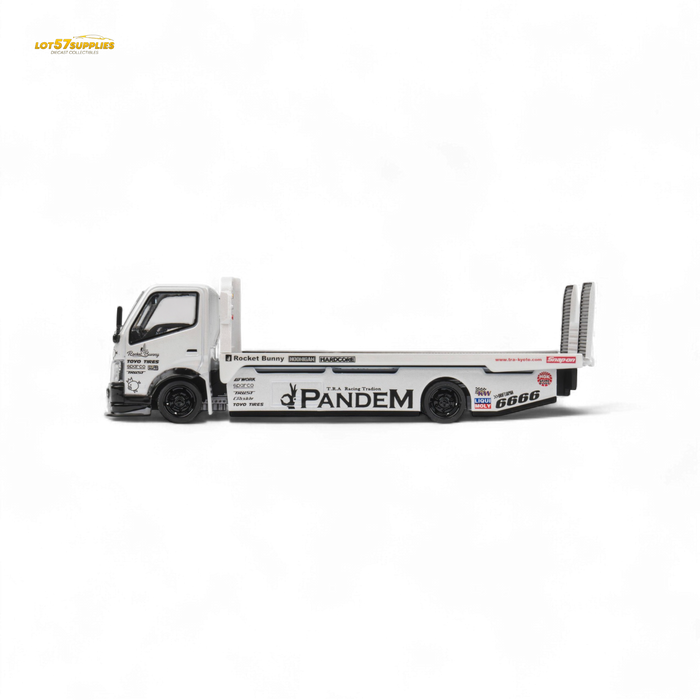 MicroTurbo HINO 300 Flat Bed Transport Truck in Pandem Rocket Bunny White 1:64 - for just $45.99! 