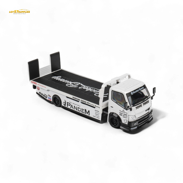 MicroTurbo HINO 300 Flat Bed Transport Truck in Pandem Rocket Bunny White 1:64 - for just $45.99! 