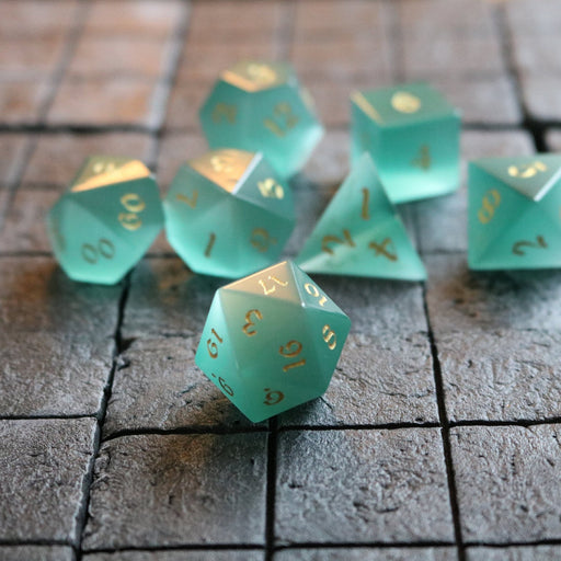 Hand Carved  Gemstone Aquamarine Cats Eye Stone (And Box) Polyhedral Dice DND Set - Premium Gemstone Dice - Just $16.99! Shop now at Retro Gaming of Denver