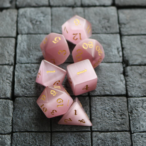 Hand Carved  Gemstone Pink Watermelon Cats Eye Stone (And Box) Polyhedral Dice - Premium Gemstone Dice - Just $18.99! Shop now at Retro Gaming of Denver