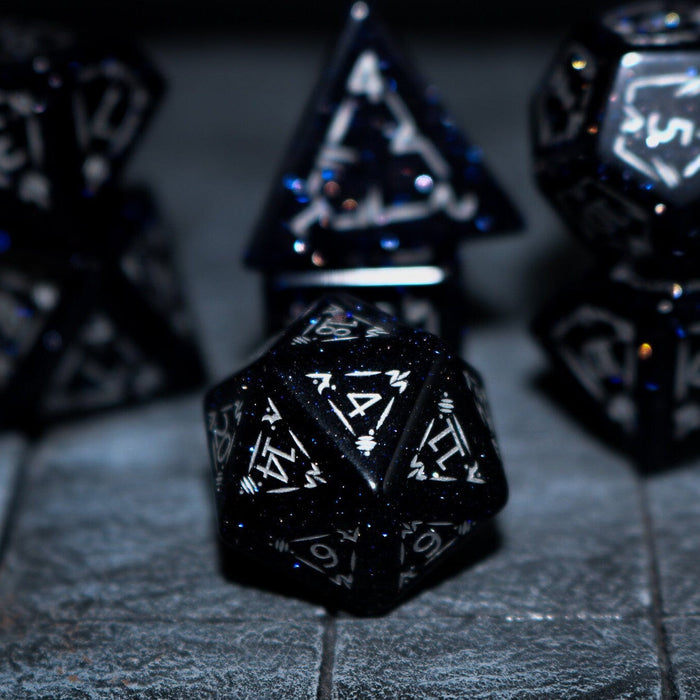 Set Of Dragon Shield Gemstone Blue Sandstone Silver Font (And Box) Polyhedral Dice Dice Set - Premium Gemstone Dice - Just $20.99! Shop now at Retro Gaming of Denver