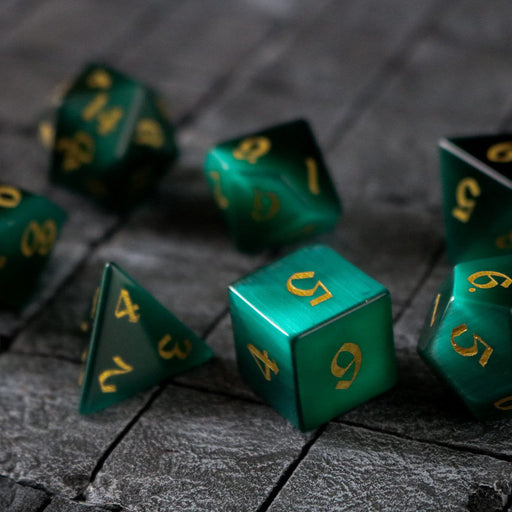 Hand Carved Gemstone Dark Green Cats Eye Stone (And Box) Polyhedral Dice DnD Dice Set - Premium Gemstone Dice - Just $16.99! Shop now at Retro Gaming of Denver