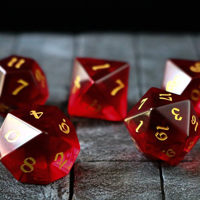 Hand Carved Blood Red Zircon Glass (And Box) Polyhedral Dice DND Set - Premium Gemstone Dice - Just $16.99! Shop now at Retro Gaming of Denver