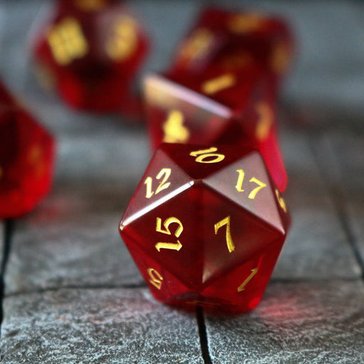 Hand Carved Blood Red Zircon Glass (And Box) Polyhedral Dice DND Set - Premium Gemstone Dice - Just $16.99! Shop now at Retro Gaming of Denver