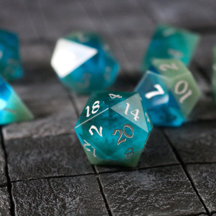 Hand Carved Synthetic Gemstone Two Tone Blue/Green (And Box) Polyhedral Dice DnD Dice Set - Premium Gemstone Dice - Just $17.99! Shop now at Retro Gaming of Denver