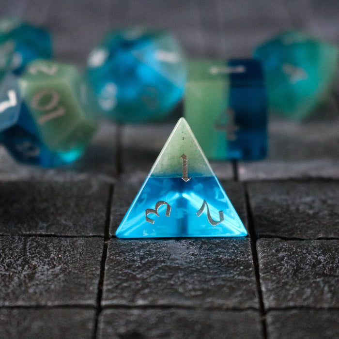 Hand Carved Synthetic Gemstone Two Tone Blue/Green (And Box) Polyhedral Dice DnD Dice Set - Premium Gemstone Dice - Just $17.99! Shop now at Retro Gaming of Denver