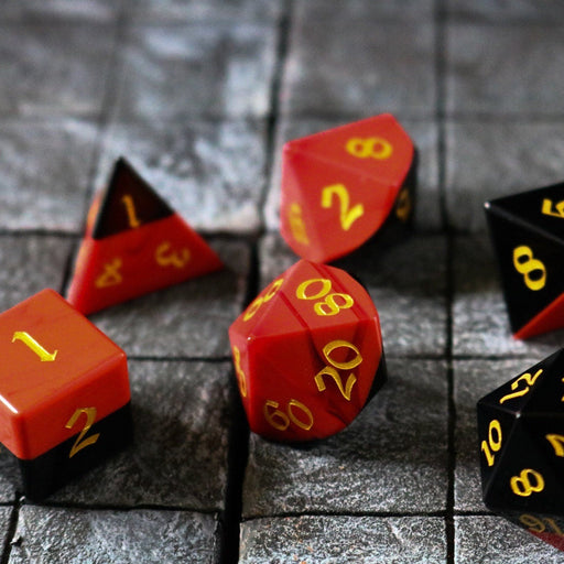 Hand Carved Two Tone Red/Black Synthetic Gemstone (And Box) Polyhedral Dice DnD Dice Set - Premium Gemstone Dice - Just $17.99! Shop now at Retro Gaming of Denver