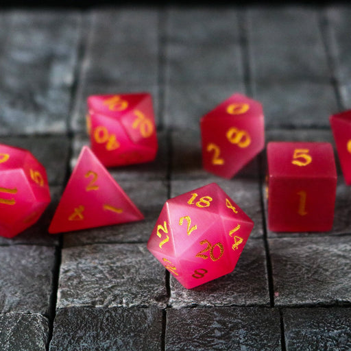 Hand Carved Gemstone Rose Red Cats Eye Stone (And Box) Polyhedral Dice DND Set - Premium Gemstone Dice - Just $18.99! Shop now at Retro Gaming of Denver