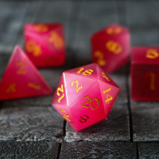Hand Carved Gemstone Rose Red Cats Eye Stone (And Box) Polyhedral Dice DND Set - Premium Gemstone Dice - Just $18.99! Shop now at Retro Gaming of Denver