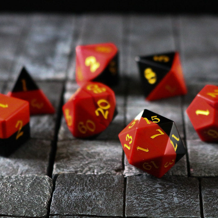 Hand Carved Two Tone Red/Black Synthetic Gemstone (And Box) Polyhedral Dice DnD Dice Set - Premium Gemstone Dice - Just $17.99! Shop now at Retro Gaming of Denver