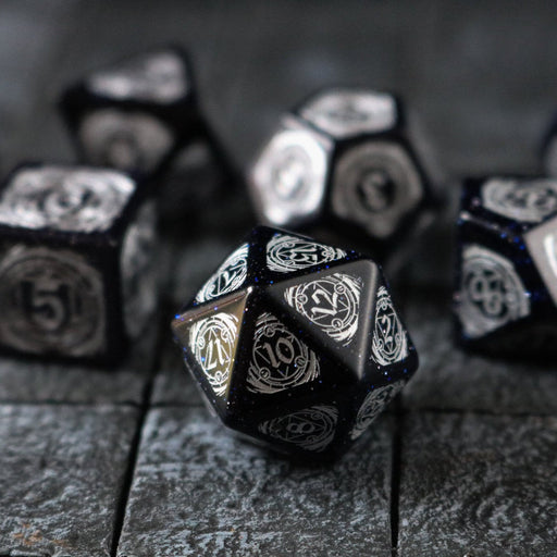 Set Of Mage Fury Gemstone Blue Sandstone Silver Font (And Box) Polyhedral Dice Dice Set - Premium Gemstone Dice - Just $20.99! Shop now at Retro Gaming of Denver