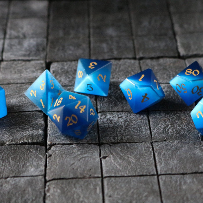 Hand Carved  Gemstone Dark Blue Cats Eye Stone (And Box) Polyhedral Dice DnD Dice Set - RPG - Premium Gemstone Dice - Just $16.99! Shop now at Retro Gaming of Denver