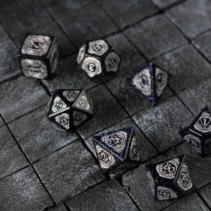 Set Of Mage Fury Gemstone Blue Sandstone Silver Font (And Box) Polyhedral Dice Dice Set - Premium Gemstone Dice - Just $20.99! Shop now at Retro Gaming of Denver