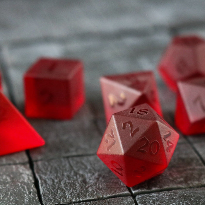 Hand Carved Raised Blood Red Zircon Glass (And Box) Polyhedral Dice DND Set - Premium Gemstone Dice - Just $18.99! Shop now at Retro Gaming of Denver
