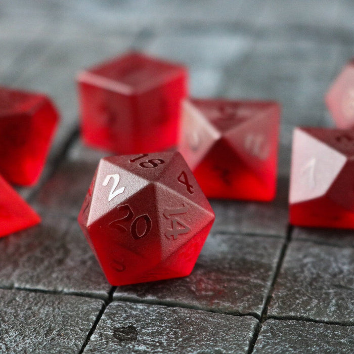 Hand Carved Raised Blood Red Zircon Glass (And Box) Polyhedral Dice DND Set - Premium Gemstone Dice - Just $18.99! Shop now at Retro Gaming of Denver