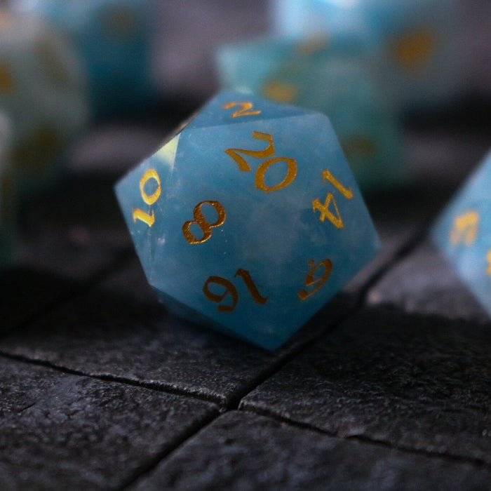 Hand Carved Gemstone Blue Aquamarine Stone (And Box) Polyhedral Dice DND Set - Premium Gemstone Dice - Just $16.99! Shop now at Retro Gaming of Denver