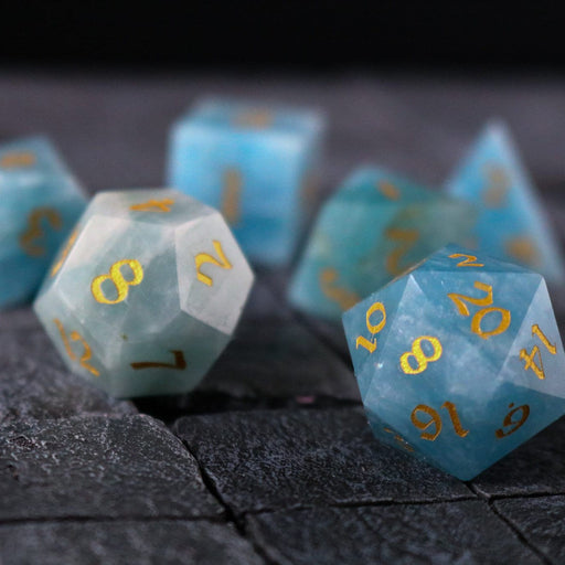 Hand Carved Gemstone Blue Aquamarine Stone (And Box) Polyhedral Dice DND Set - Premium Gemstone Dice - Just $16.99! Shop now at Retro Gaming of Denver