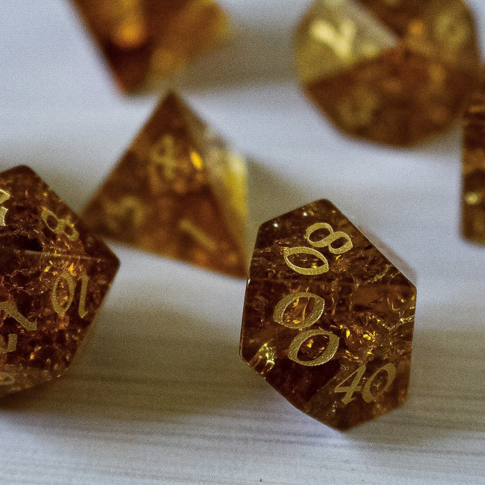 Gold Honey Lightning Glass Cracked Glass (And Box) Polyhedral Dice DND Set - Premium Gemstone Dice - Just $22.99! Shop now at Retro Gaming of Denver