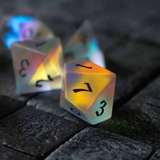 Gemstone (Inked) Raised Dichroic Glass Polyhedral Dice (With Box) DND Set - Premium Gemstone Dice - Just $26.99! Shop now at Retro Gaming of Denver