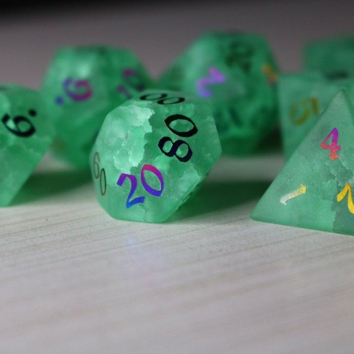 Green Mint Inked Lightning Glass Cracked Glass (And Box) Polyhedral Dice DND Set - Premium Gemstone Dice - Just $22.99! Shop now at Retro Gaming of Denver