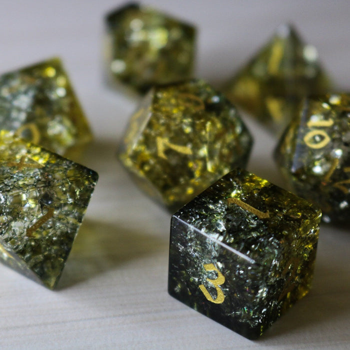 Dark Sun Forge Fire Glass Green And Yellow (And Box) Polyhedral Dice DND Set - Premium Gemstone Dice - Just $16.99! Shop now at Retro Gaming of Denver