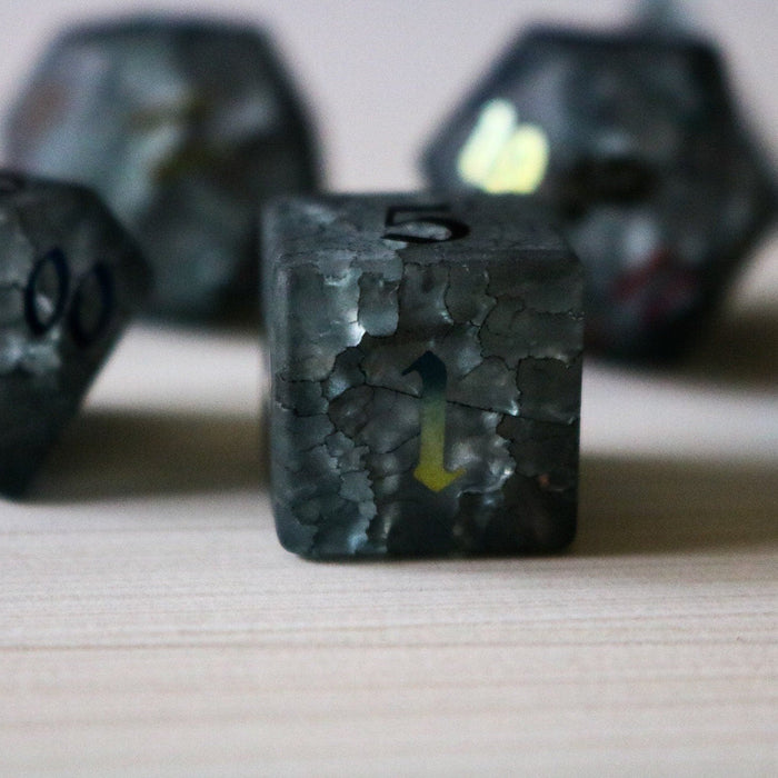 Black Inked Lightning Glass Cracked Glass (And Box) Polyhedral Dice DND Set - Premium Gemstone Dice - Just $19.99! Shop now at Retro Gaming of Denver