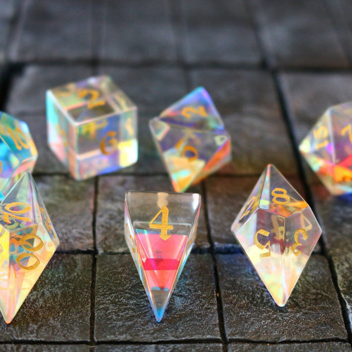 Gemstone Dichroic Glass Elven Cut Polyhedral Dice (With Box) DnD Set - Premium Gemstone Dice - Just $11.99! Shop now at Retro Gaming of Denver