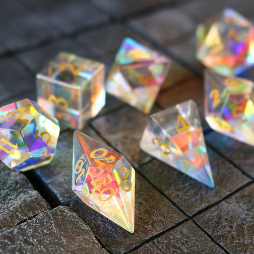 Gemstone Dichroic Glass Elven Cut Polyhedral Dice (With Box) DnD Set - Premium Gemstone Dice - Just $11.99! Shop now at Retro Gaming of Denver