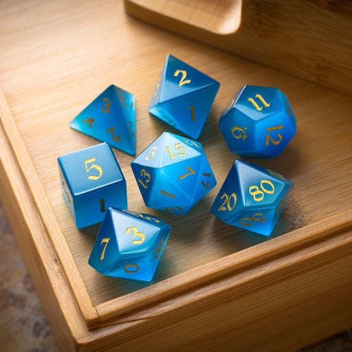 Hand Carved  Gemstone Light Blue Cats Eye Stone (And Box) Polyhedral Dice DND Set - Premium Gemstone Dice - Just $16.99! Shop now at Retro Gaming of Denver