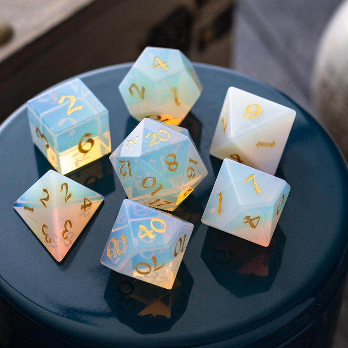 Gemstone Opalite (Gold Font) Hand Carved Polyhedral Dice (And Box) DnD Dice Set - Premium Gemstone Dice - Just $16.99! Shop now at Retro Gaming of Denver