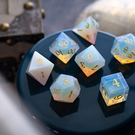 Gemstone Opalite (Gold Font) Hand Carved Polyhedral Dice (And Box) DnD Dice Set - Premium Gemstone Dice - Just $16.99! Shop now at Retro Gaming of Denver