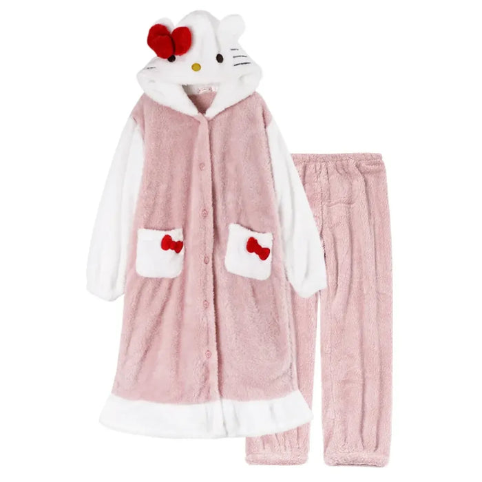 Hello Kitty Kawaii Bow Furry Pajamas - Sweet Long Anime Plush Loungewear - for just $43.95! 