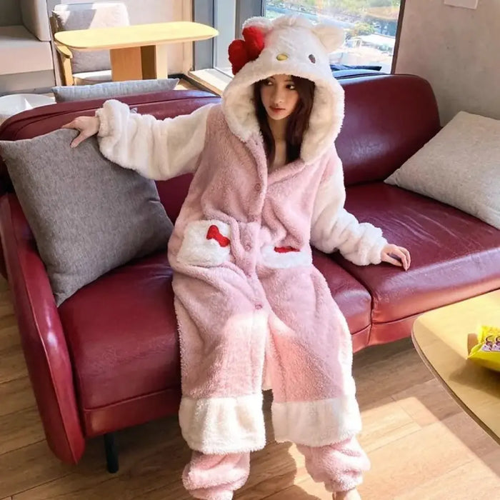 Hello Kitty Kawaii Bow Furry Pajamas - Sweet Long Anime Plush Loungewear - for just $86.95! 