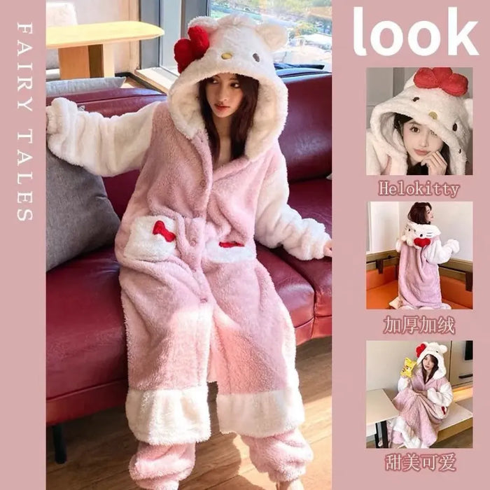 Hello Kitty Kawaii Bow Furry Pajamas - Sweet Long Anime Plush Loungewear - for just $86.95! 