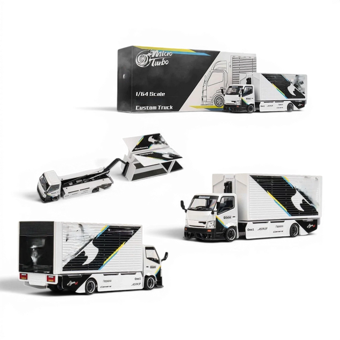 MicroTurbo HINO 300 Custom Box Truck White - Black Livery 1:64 - for just $44.99! 