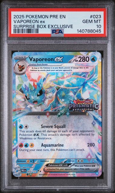 Vaporeon EX Prismatic Stamp Prismatic Surprise Box 23/131 PSA 10 - for just $60! 