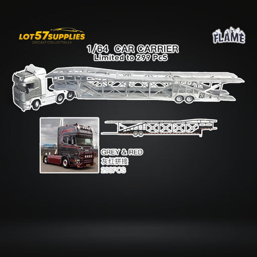 (Pre-Order) Flame Scania Car Carrier Transport Truck Grey Red 1:64 - Limited to 299 Pcs - for just $119.99! 