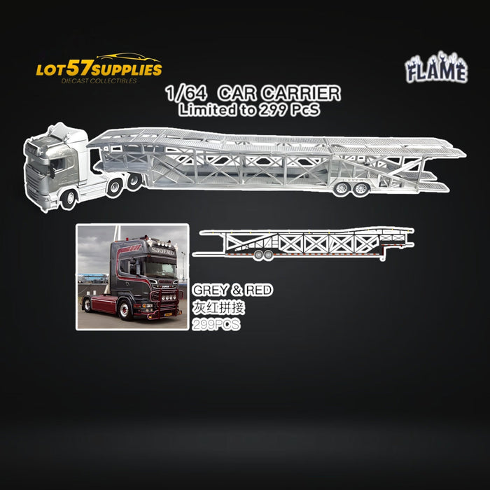 (Pre-Order) Flame Scania Car Carrier Transport Truck Grey Red 1:64 - Limited to 299 Pcs - for just $119.99! 