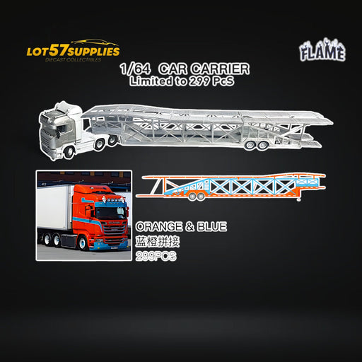 (Pre-Order) Flame Scania Car Carrier Transport Truck Orange Blue 1:64 - Limited to 299 Pcs - for just $119.99! 